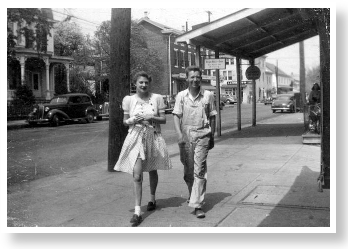 Millie Hafer and Elmer Case in 1942 walking down Main Street in New Hope, PA.